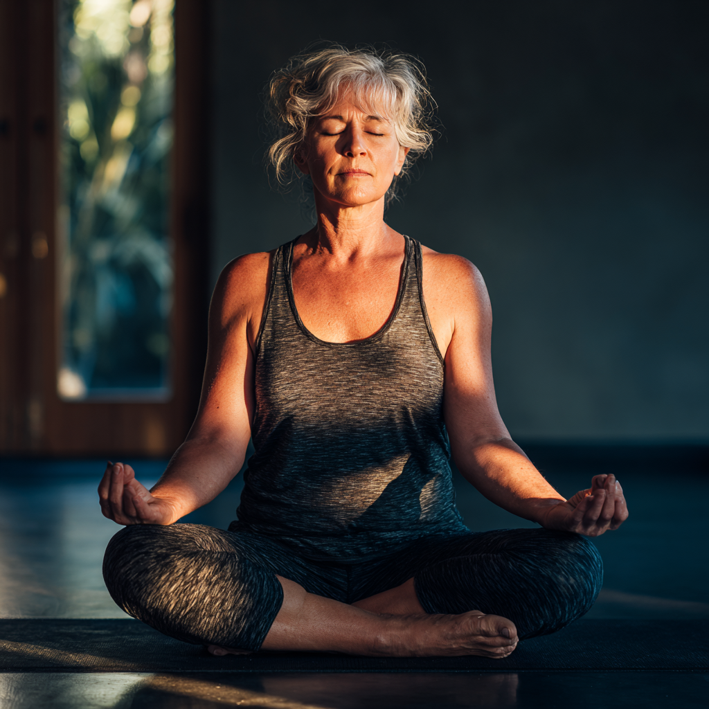 Mature woman in peaceful yoga meditation pose
